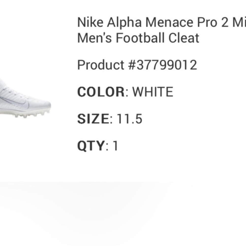 Nike Alpha Menace Pro 2 Mid White Football cleats NEW 11.5 - Picture 6 of 6